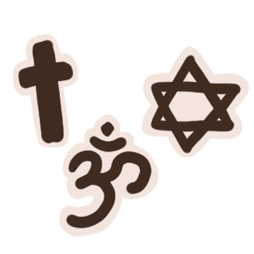 a Christian cross, a Star of David, and an aum symbol.